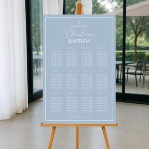 May include: A light blue seating chart with a white border and white text. The chart is titled "Welcome to Christian's Baptism" and lists tables 1 through 12 with names for each guest. The bottom of the chart reads "Please find your seat."