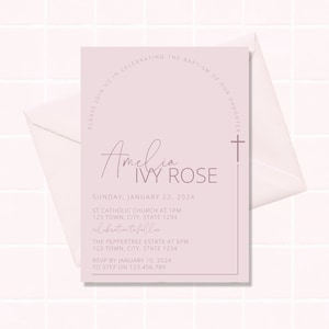 Dusty Pink Baptism Invitation Girl, Christening Invitation, Arch Baptism Invite Printable, Pink Christening Invitation, Holy Communion