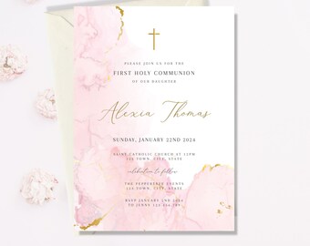 Pink Girls Baptism Invitation, watercolor Baptism Invitation Template, Printable Christening, Pink Communion Invite Pink  Baptism Girl