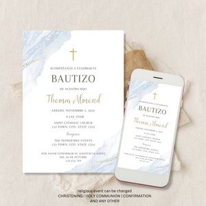 Invitacion de Bautizo, Bautizo Invitation In Spanish, Invitaciones Bautizo, Classic Baptism, Mi Bautizo, Religious Invitation, Blue Evite