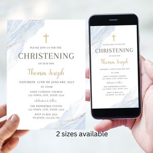 Modern Christening Invitation, Boy Baptism Invitation Template, Blue Christening Invite Template, Blue Watercolor Boys Blue Gold Evite image 2