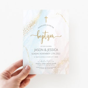 Joint Sibling Baptism Invitation, Printable Christening Invite , Watercolor Baby Dedication, Boy Girl Religious Holy Communion zdjęcie 3