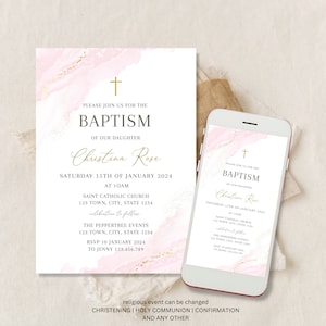 Baptism invitation girl, Girl baptism invitation, Girl Christening Invitation Template, Pink Christening Invite digital, pink baptism invite