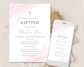 Baptism invitation girl, Girl baptism invitation, Girl Christening Invitation Template, Pink Christening Invite digital, pink baptism invite