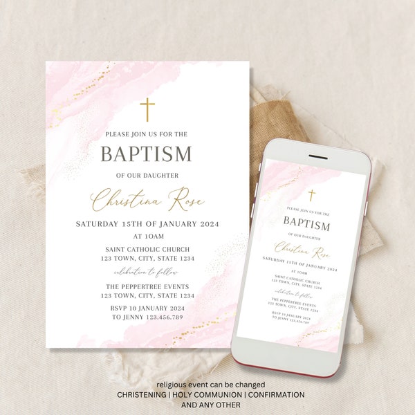 Baptism invitation girl, Girl baptism invitation, Girl Christening Invitation Template, Pink Christening Invite digital, pink baptism invite