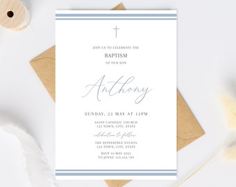 Boy Baptism Invitation, Christening Invite , Dusty Blue Invite, Boys Blue Modern Invite, Baptism Invite, blue simple invitation