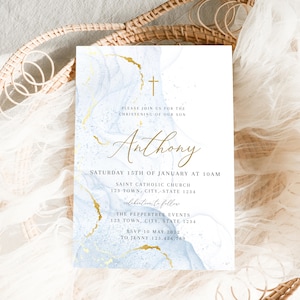 Christening Invitation Boy, Baptism Invitation, Blue and Gold, Light Blue Watercolour, Printable Baptismal Invitation, Blue Gold Christening