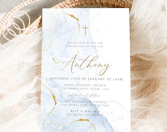 Christening Invitation Boy, Baptism Invitation, Blue and Gold, Light Blue Watercolour, Printable Baptismal Invitation, Blue Gold Christening