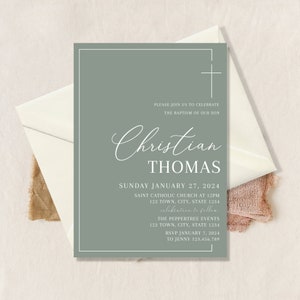 Green Baptism Invitation, Christening Invite, Green Invite, Boys Green Modern Invite, Simple Baptism Invite, Holy Communion digital download