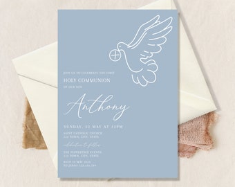 Holy Communion Invitation Template, Blue First Holy Communion invite, Boy Communion Invite Download,  Boy Invitation Dusty Blue Invite, Dove