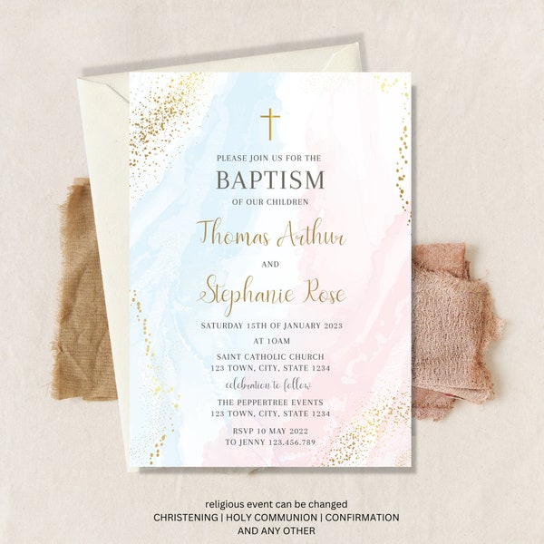 Joint Sibling Baptism Invitation, Printable Christening Invite , Watercolor Baby Dedication, Boy Girl Religious Holy Communion