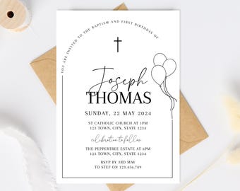 First birthday and Baptism boy invitation, Balloons Christening Invite , Modern Invite, Boys Black Modern Invite, First Birthday Invite