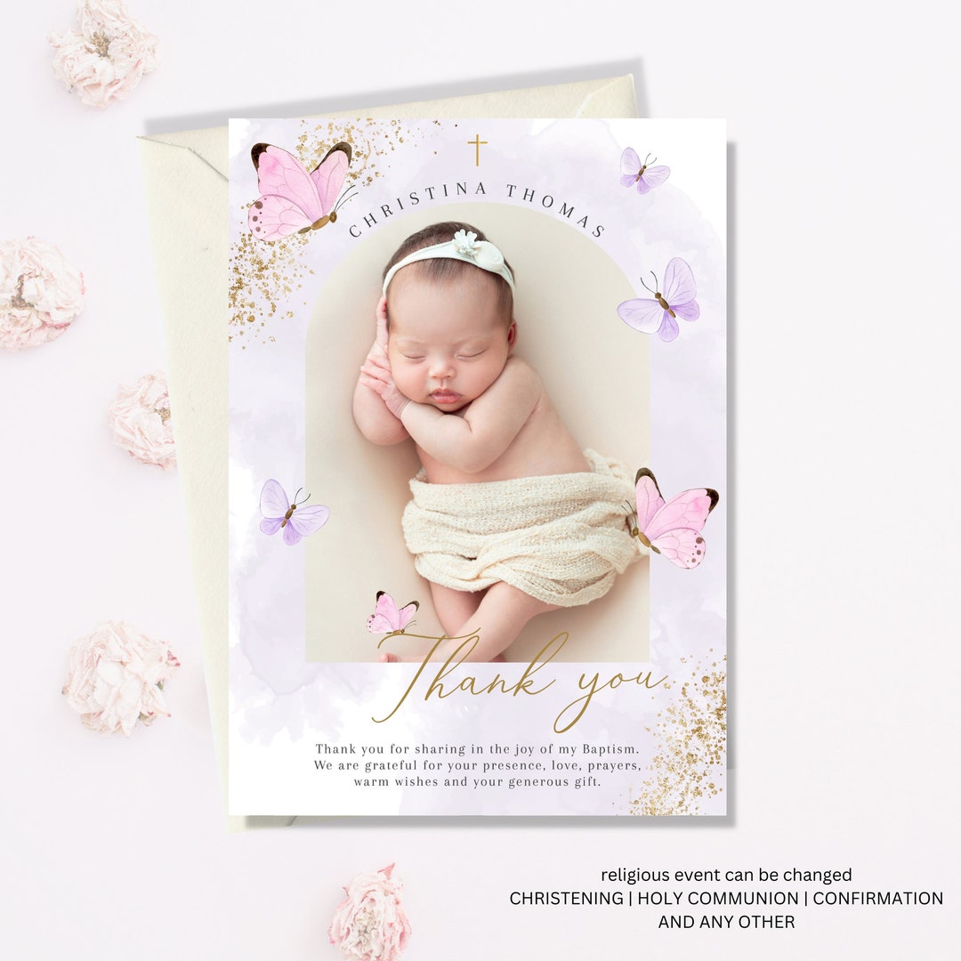 Thank You Card Baptism Girl, Christening Thank You Card, Baptism With Photo  Thank You, Printable Christening, Butterfly Thank You Card - Etsy, image size:1080x1080