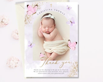 Thank you card Baptism Girl, Christening thank you card, Baptism with photo thank you, Printable Christening, butterfly thank you card