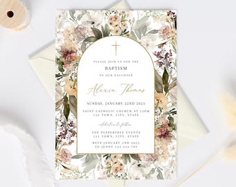 Fall Baptism Invitation Girl, Dusty Pink Christening Invitation, Wildflower Baptism invite, Boho Baptism Invitation, Fall Baptism invite