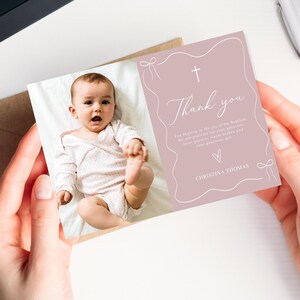 bow pink Dusty Pink Baptism Thank you card, Thank you Christening card, Dusty Pink Thank you card, Girls Pink Modern baptism thank you card
