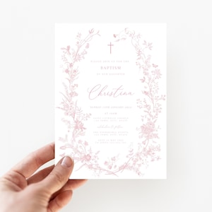 May include: Pink floral baptism invitation with a cross and the text "Join us for the Baptism of our daughter Christina Sunday 15th January 2024 at 10am Saint Catholic Church 123 Town, City, State The reception to follow The Periwinkle Garden 123 Town, City, State RSVP by May 2023 to Jane 123.456.7890"