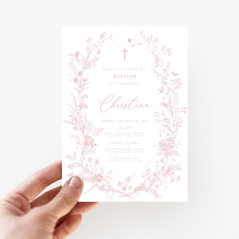 May include: Pink floral baptism invitation with a cross and the text "Join us for the Baptism of our daughter Christina Sunday 15th January 2024 at 10am Saint Catholic Church 123 Town, City, State The reception to follow The Periwinkle Garden 123 Town, City, State RSVP by May 2023 to Jane 123.456.7890"