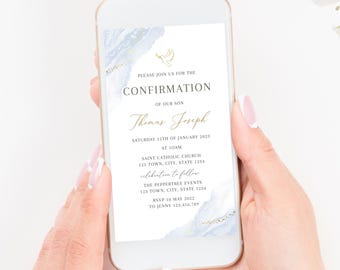 May include: A blue and gold digital invitation for a Confirmation ceremony. The invitation features a watercolor background with gold accents and a dove. The text reads "Please join us for the Confirmation of our son Thomas Joseph Saturday 15th of January 2023 at 10am Saint Catholic Church 123 Town, City, State 1234 Celebration to follow The Peppertree Events 123 Town, City, State 1234 RSVP 10 May 2022 to Jenny 123.456.789"