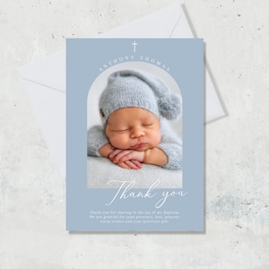 Boy Baptism PHOTO thank you card, Christening Thank you , Dusty Blue card, Boys Blue Thank you card, Blue Thank you for celebrating baptism