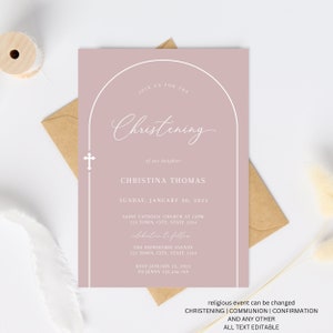 Pink Orthodox Christening Invitation Girl, Pink Orthodox Christening Invitation, Arch Baptism Invite Printable, Pink Christening Invitation