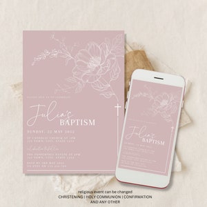 Baptism Invitation Template, Rustic Pink Flowers, Editable, Pink Baptism Invite Card Printable, Modern Flower Baptism Invitation , tb10201