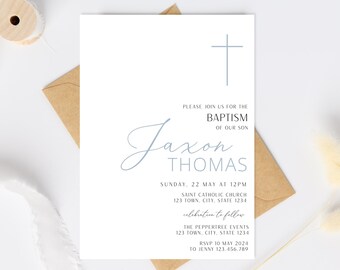 Baptism invitation Boy, Christening invitations boy, dusty blue baptism invitation, simple Blue Invite, baptism invitation digital download