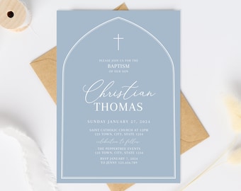 Blue Baptism Invitation, Christening Invite , Dusty Blue Invite, Modern Boys Invite, Blue Baptism Invite, Holy Arch baptism digital download