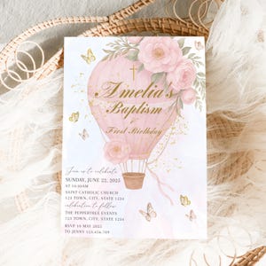 Pink First birthday and Baptism invitation girl, Birthday Christening Invite, Floral baptism invite, Girls First Birthday Hot air balloon
