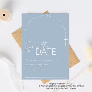 Baptism Invitation Save the Date Template, Dusty Blue Baptism Invitation Printable,  Boy Save the date Invitation Template, Christening