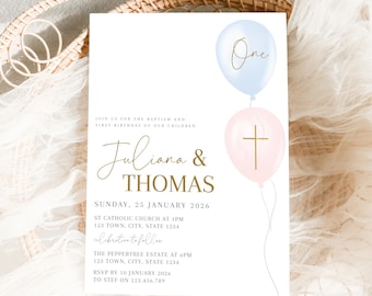 May include: White invitation card with gold text announcing a baptism and first birthday for Juliana & Thomas. Includes date, time, and location details. Features a light blue balloon with "One" and a pink balloon with a gold cross.