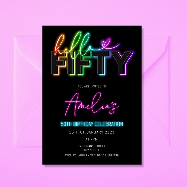 Neon Light Birthday Invitation, Glow Party, 50th birthday, 80s theme birthday invite, neon 50th birthday, hello fifty, Glow Party