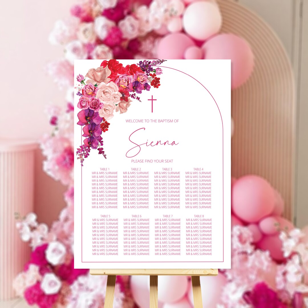 Pink Floral Baptism Seating Chart Template, Purple Baptism Welcome Sign ...