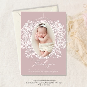 Thank you card Baptism Girl, Christening thank you card, Baptism with photo thank you, Printable Christening, digital girl thank you card