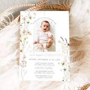 Baptism Invitation Girl, Butterfly Christening Invitation, Butterfly, Wildflower Pink Baptism photo Printable Baptism Invitation Wild Flower