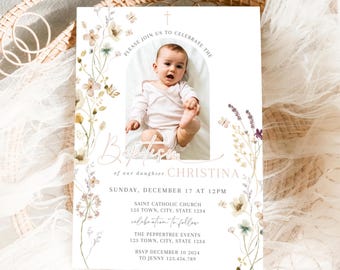 Baptism Invitation Girl, Butterfly Christening Invitation, Butterfly, Wildflower Pink Baptism photo Printable Baptism Invitation Wild Flower