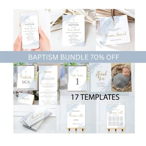 May include: A set of 17 printable baptism templates featuring a blue and white marble design with gold accents. The templates include invitations, thank you cards, table numbers, a welcome sign, and a seating chart.