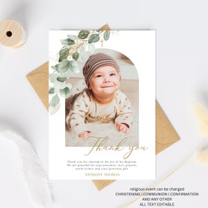 Boy Baptism PHOTO thank you card, Christening Thank you , sage green card, Boys green Thank you card, sage Thank you for celebrating baptism