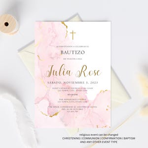 Rosa Invitacion de Bautizo, Bautizo Invitation In Spanish, Invitaciones Bautizo, Classic Baptism, Mi Bautizo, Religious Invitation, Pink
