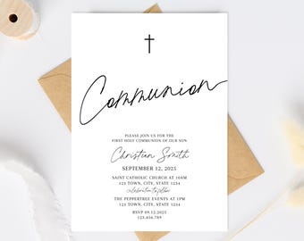 May include: White card with black text announcing a Communion celebration for Christian Smith on September 12, 2025. The card includes the time and location of the event, as well as RSVP information.