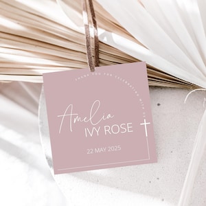 Dusty pink Rose Baptism Favor Tag Template, Modern Thank You Tag, Gold, Minimalist, Wedding Favor Tag Template, Christening Tag