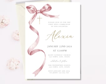 May include: A white invitation card with a pink ribbon bow and gold cross. The text on the card reads "Please join us for the First Holy Communion of our daughter Alexia, January 22nd 2024 at 12:00PM, Saint Catholic Church, 123 Town, City, State, celebration to follow, The Peppertree Events, 123 Town, City, State, RSVP January 2nd 2024 to Jenny 123.456.789, religious event can be changed, Christening | Holy Communion | Confirmation and any other".