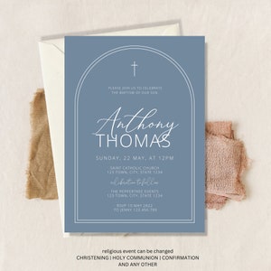 Boy Baptism Invitation, Christening Invite , Dusty Blue Invite, Boy Arch Blue Modern Invite, Baptism Invite, Holy Communion digital download