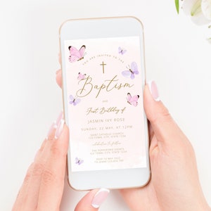 Baptism Invitation Girl, Butterfly Christening Invitation, Pink Butterfly, Pink Gold, Printable Invitation, Pink Baptism and birthday Invite