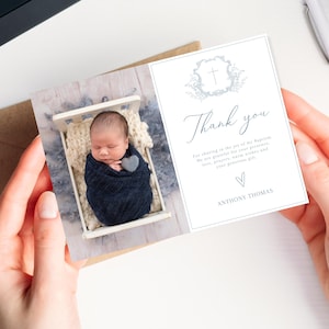 Boy Baptism PHOTO thank you card, Christening Thank you , Dusty Blue card, Boys Blue Thank you card, Blue Thank you for celebrating baptism