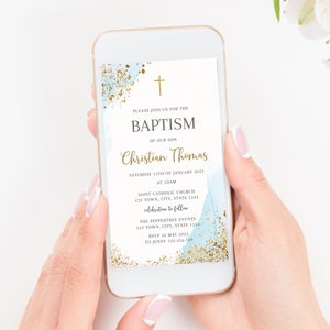 Digital Boy Baptism Invitation, Blue Christening Invite Template, Blue Watercolor Boys Blue Gold Evite, Editable Baptism Text Message Invite