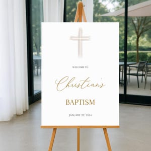 Beige WELCOME POSTER Editable watercolor beige cross White Baptism / Holy Communion / welcome SIGN, tan neutral baptism