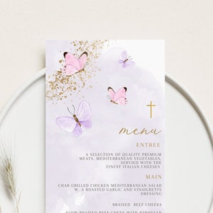 Butterfly Menu Template add Guest Names, Modern Wedding Place Card Dinner Menu, Printable, Digital Download, Editable, Purple butterfly menu