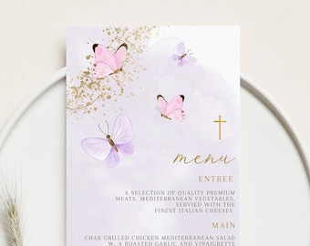 Butterfly Menu Template add Guest Names, Modern Wedding Place Card Dinner Menu, Printable, Digital Download, Editable, Purple butterfly menu