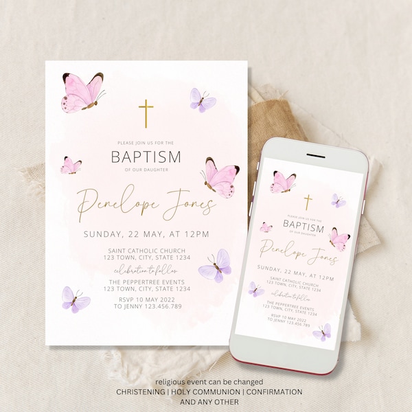 Baptism Invitation Girl, Butterfly Christening Invitation, Pink Butterfly, Pink Gold, Printable Invitation,  Pink Baptism Invitation